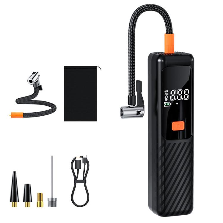 Electric car tire inflator, black with digital screen and orange button; nozzle set