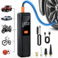 Black electric tire inflator with digital screen, plus cable and multi-nozzle adapters