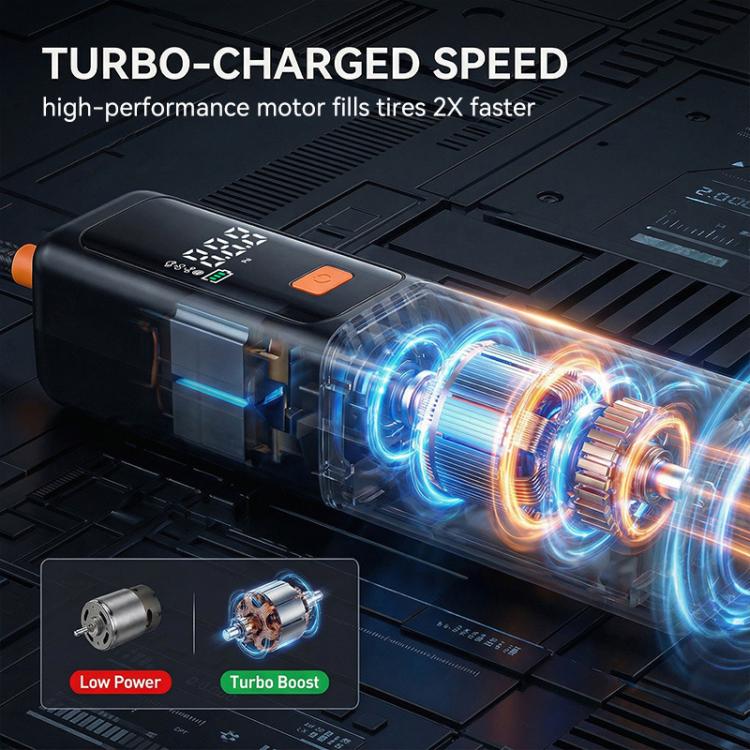 Electric air pump with digital display and orange button, black housing