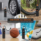 Digital tire inflator with nozzle adapters, black body and orange control button
