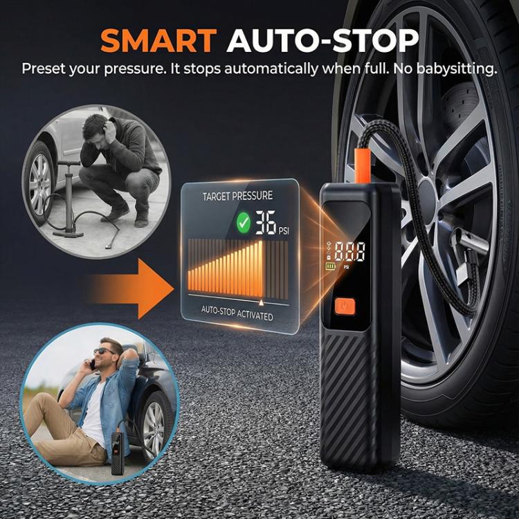 Electric tire inflator with digital display, orange button, and attached power cord