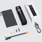 Tire inflator kit with black pump, storage bag, and multiple nozzle attachments