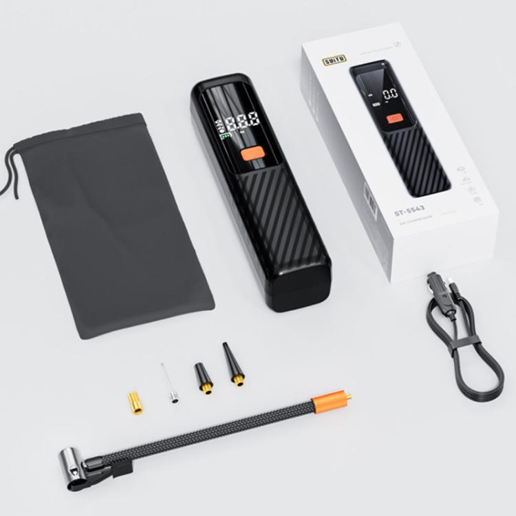 Tire inflator kit with black pump, storage bag, and multiple nozzle attachments