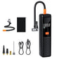 Car electric air pump kit with digital display, black body, orange switch, hose and nozzles