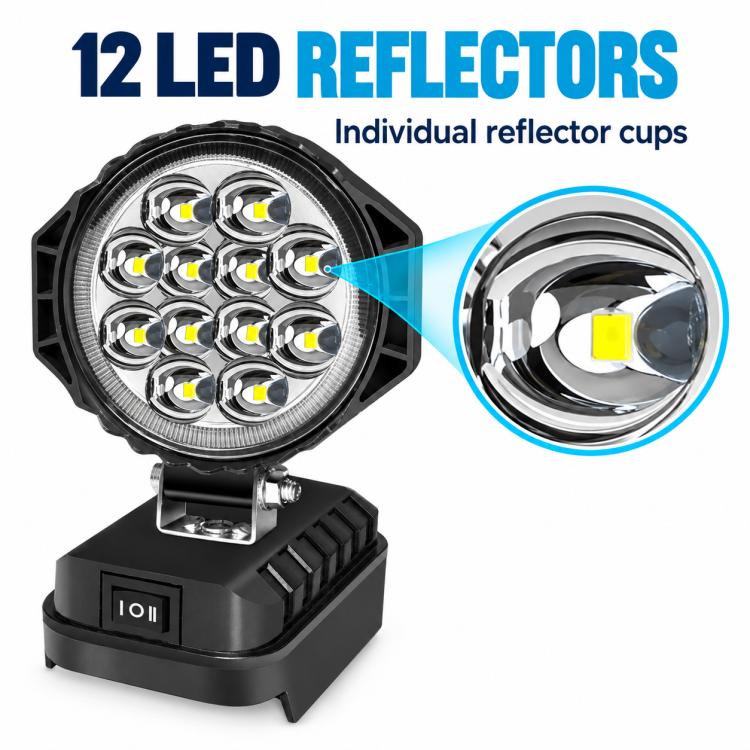 Round black LED work light with visible multi-reflector cups and base control rocker.