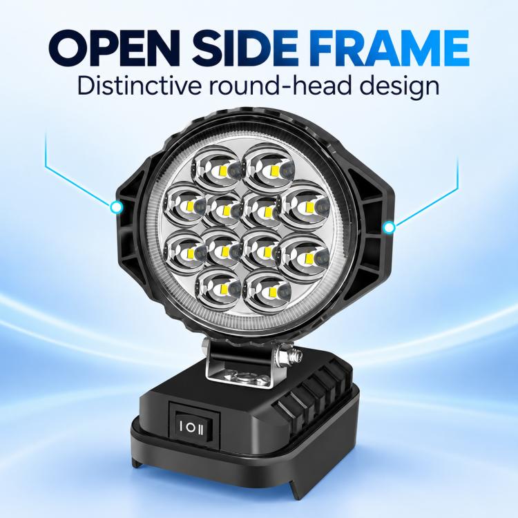 Round LED emergency work light with open side frame and multi-LED head on base.