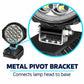 Black LED work light with metal pivot bracket connecting lamp head to base.
