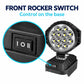 Black LED work light base with front rocker switch and round multi-LED head.