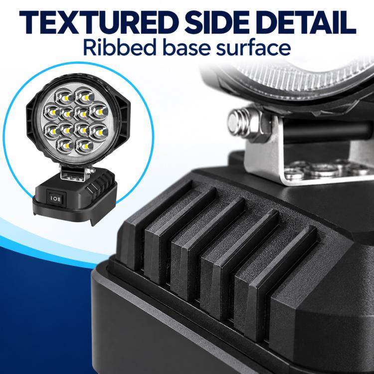Black LED work light showing ribbed base texture and round multi-LED head.
