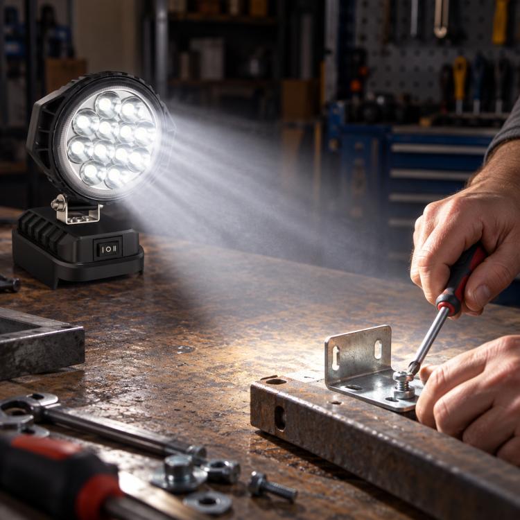 Compact black LED work light with round head and hand-held tool lighting workbench.