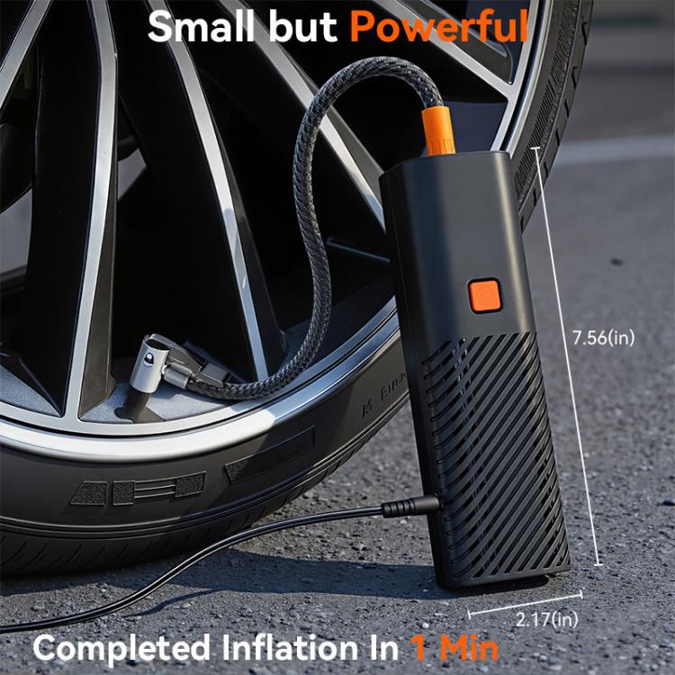 Portable wired car inflator pump connected to a car wheel tire
