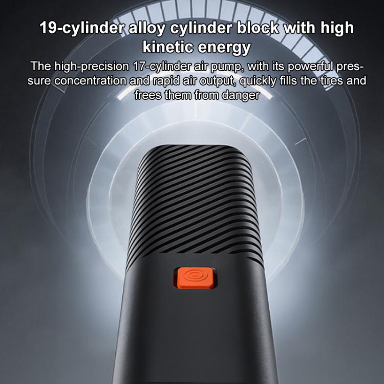 Black wired car air pump with ribbed vents and orange power switch
