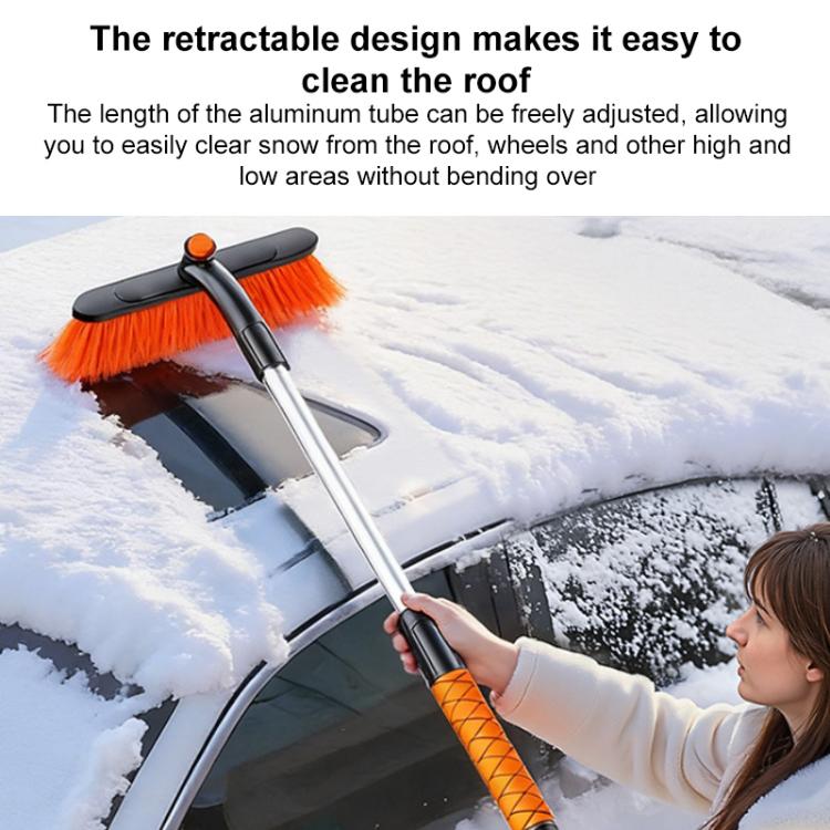 Retractable rooftop snow brush with adjustable aluminum tube and orange bristles