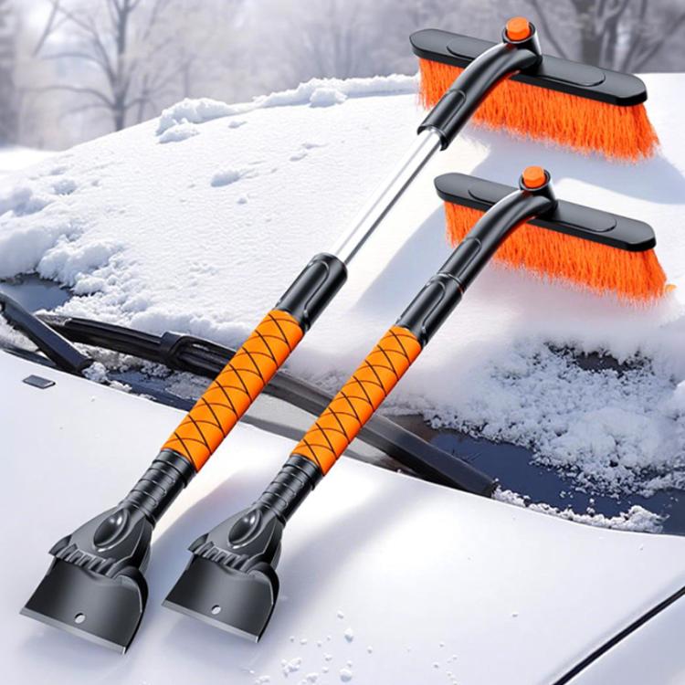 Two telescoping snow brush poles with orange bristle heads for car clearing