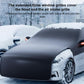 Snowproof car half cover over hood and grille, dark textured fabric with orange strip.