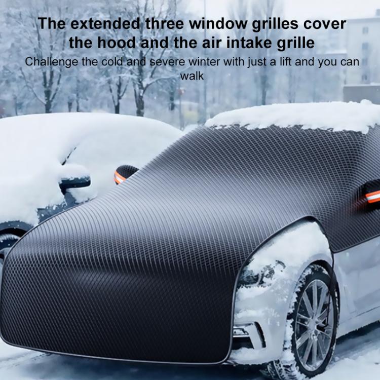 Snowproof car half cover over hood and grille, dark textured fabric with orange strip.