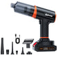 Handheld car vacuum blower, black with orange accents, detachable battery and tool nozzles