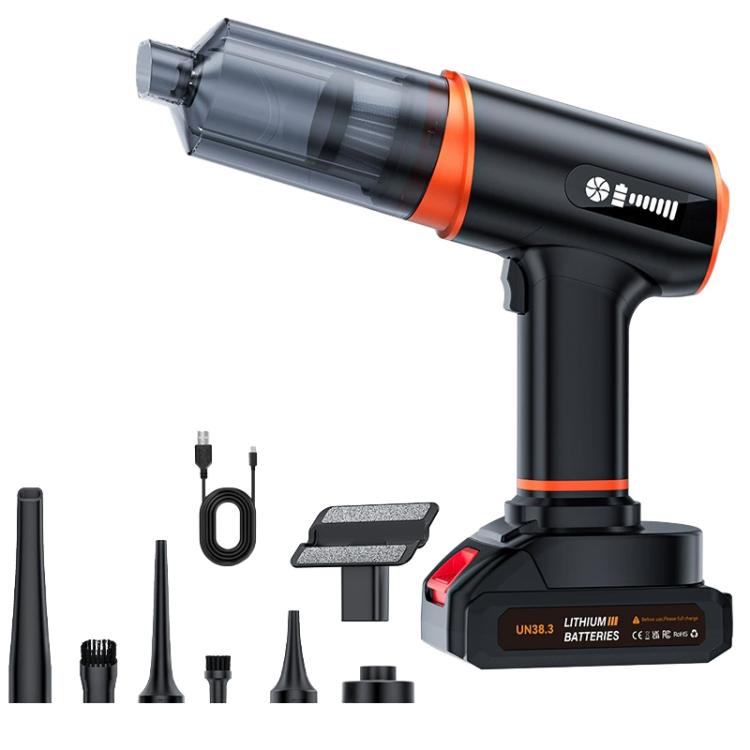 Handheld car vacuum blower, black with orange accents, detachable battery and tool nozzles