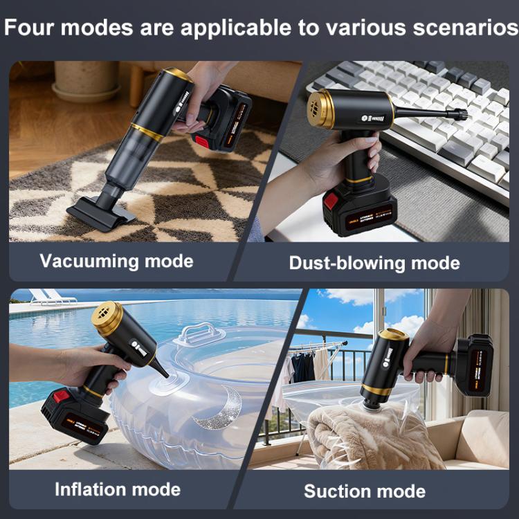 Handheld cordless vacuum blower, black with gold accents, detachable battery and nozzle attachments