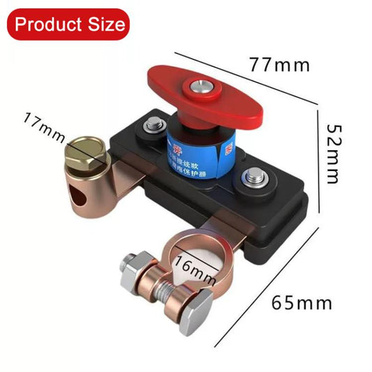 Car battery disconnect switch with red lever and copper lug terminals, angled view