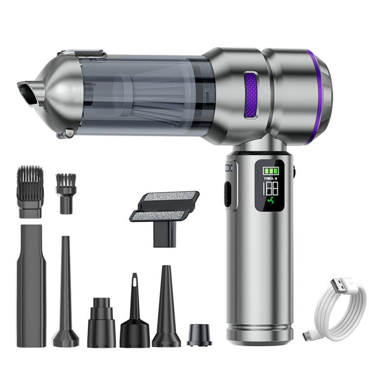 Car handheld vacuum cleaner with clear dust chamber, purple accents, and nozzle set