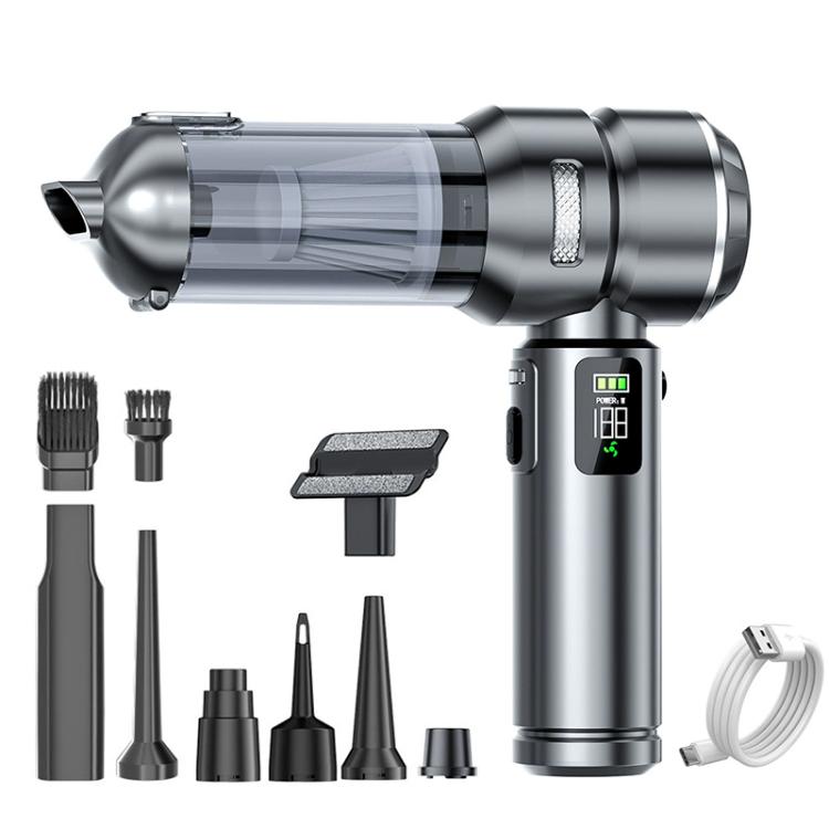 Car handheld vacuum cleaner with clear dust chamber, metal-gray body, and accessory set
