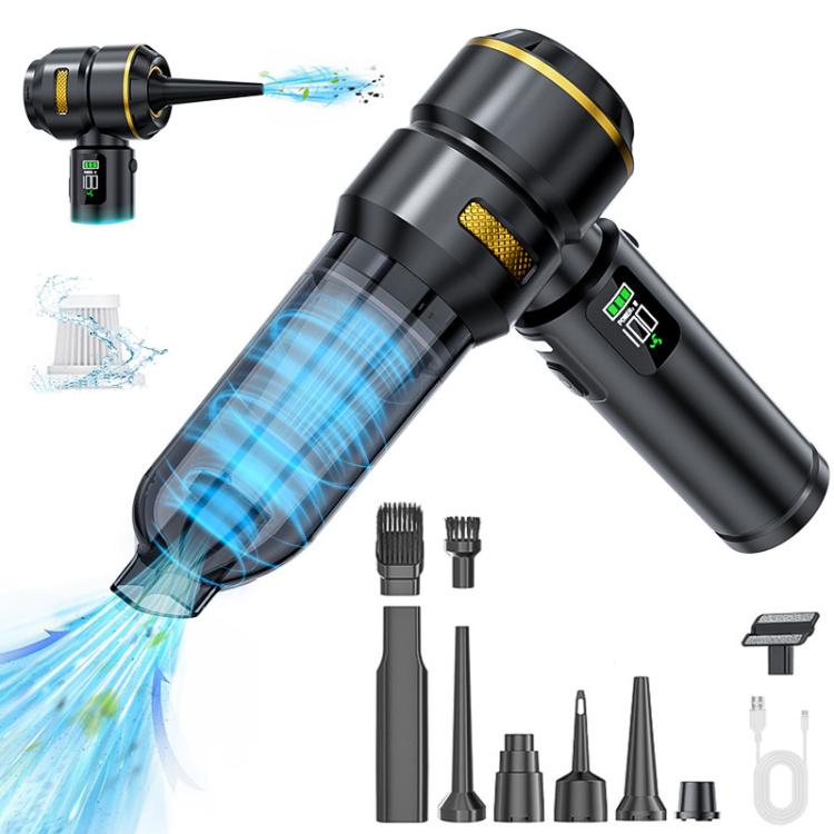 Black handheld car vacuum cleaner with clear dust chamber and brush/nozzle attachments
