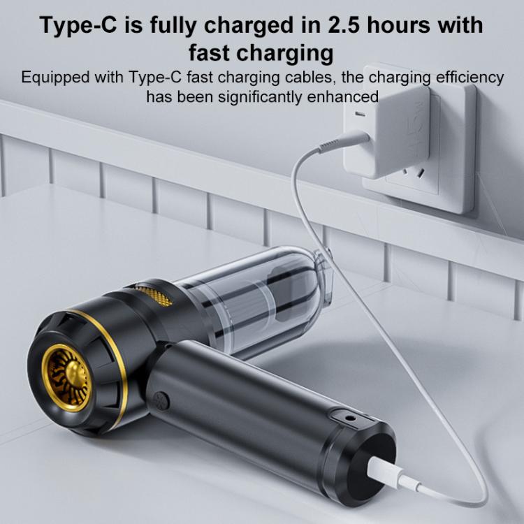 Black handheld car vacuum cleaner charging with Type-C cable and visible charging port
