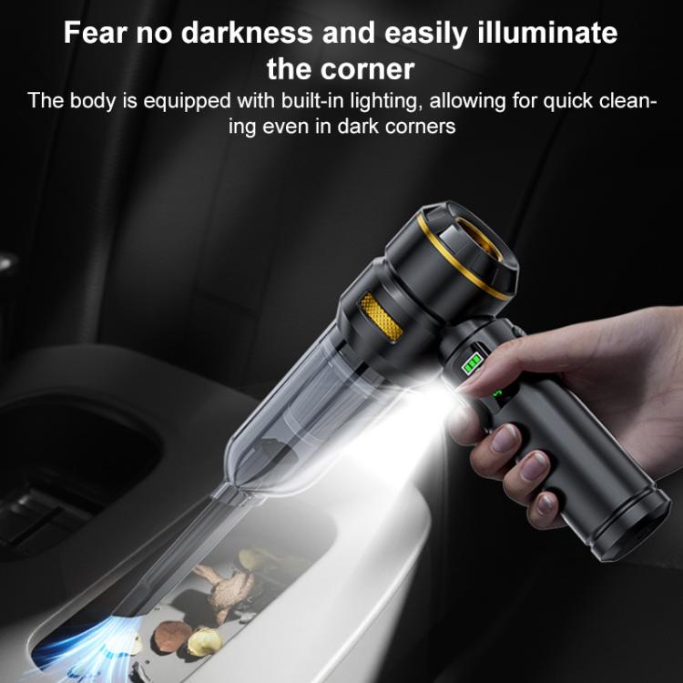 Black handheld car vacuum cleaner with LED-lit nozzle and clear dust container