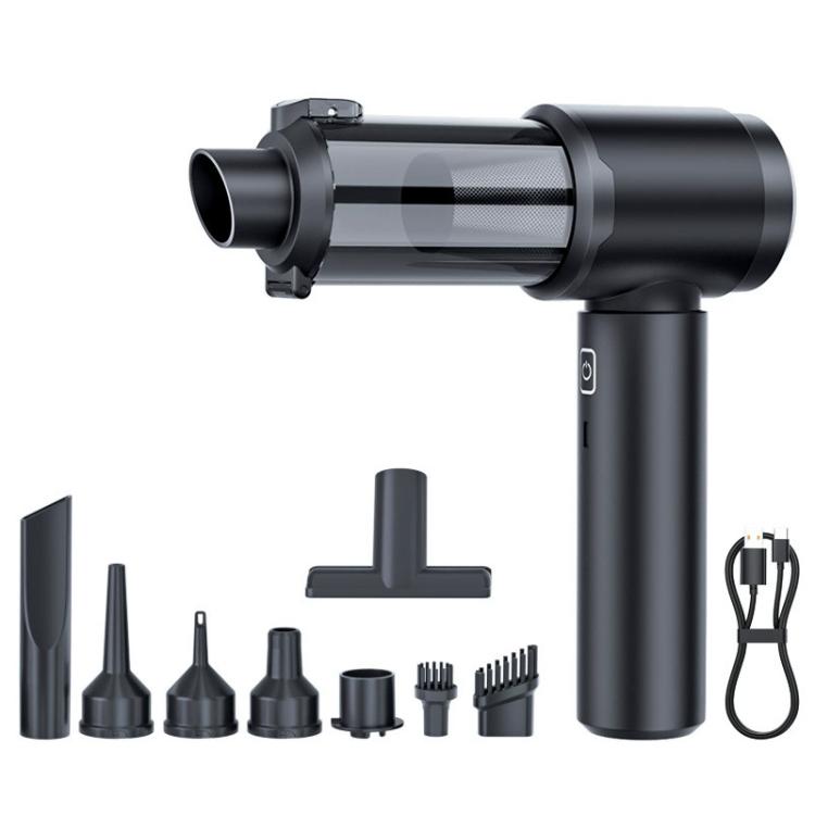 Handheld cordless car vacuum cleaner with black cylindrical body and front nozzle
