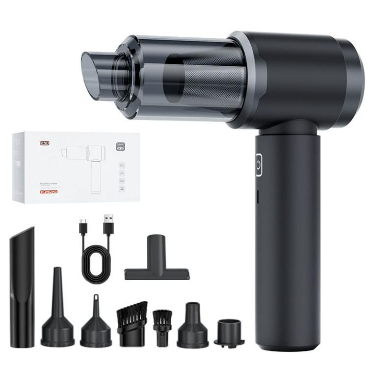 Handheld car vacuum cleaner with black body and multiple included nozzle attachments