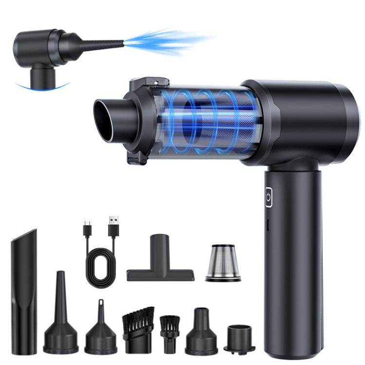 Handheld vacuum cleaner with blue airflow coming from the front blower nozzle