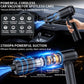 Handheld car vacuum cleaner in black with blue airflow and accessory heads