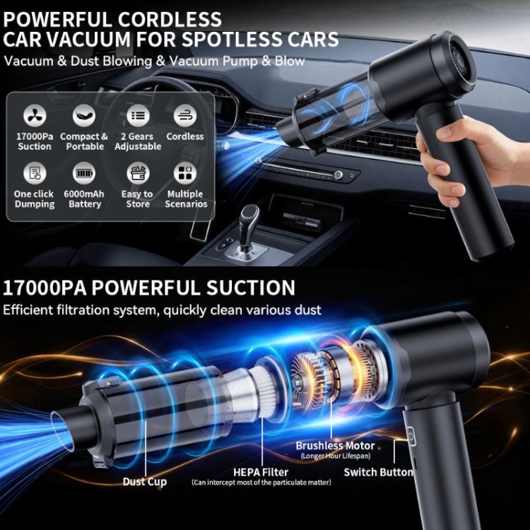 Handheld car vacuum cleaner in black with blue airflow and accessory heads