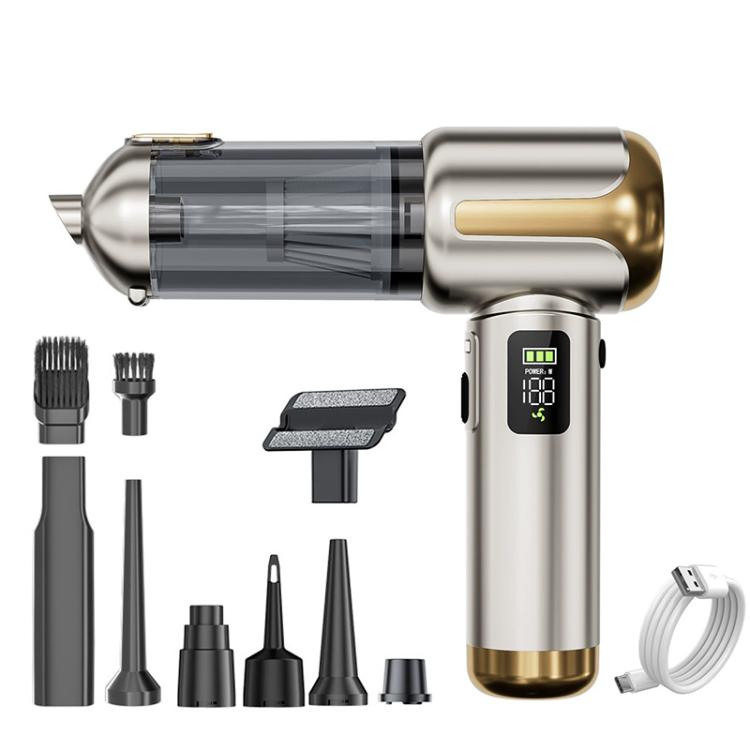 Handheld car vacuum cleaner with gold-and-silver body and multiple nozzle attachments set
