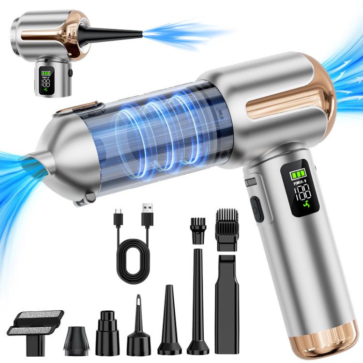 Handheld car vacuum cleaner with transparent dust bin, gold nozzle, and included tool heads