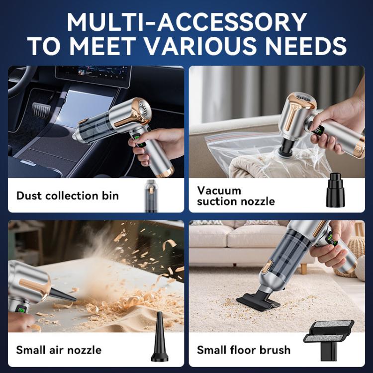 Handheld vacuum cleaner kit showing dust bin, suction nozzle, air nozzles, and floor brush