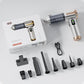 Handheld car vacuum cleaner with accessories and box on a white tabletop