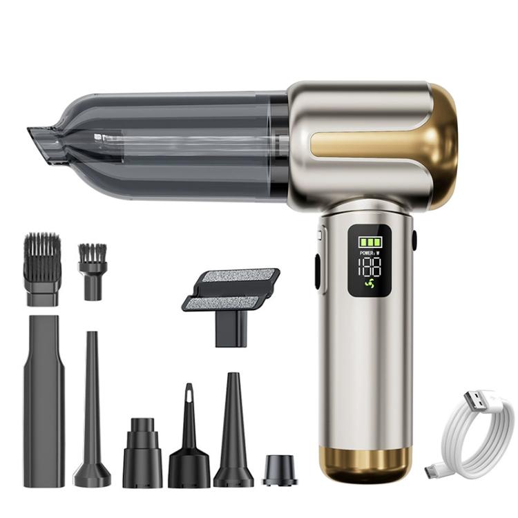 Handheld car vacuum cleaner with transparent dust bin, gold accents, and accessory attachments