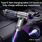 Handheld vacuum cleaner with USB charging cable and purple accent ring, on car seat