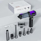 Handheld car vacuum cleaner kit in box with purple accents, accessories and charging cable