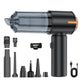 Portable handheld car vacuum cleaner, black with orange accents and nozzle set