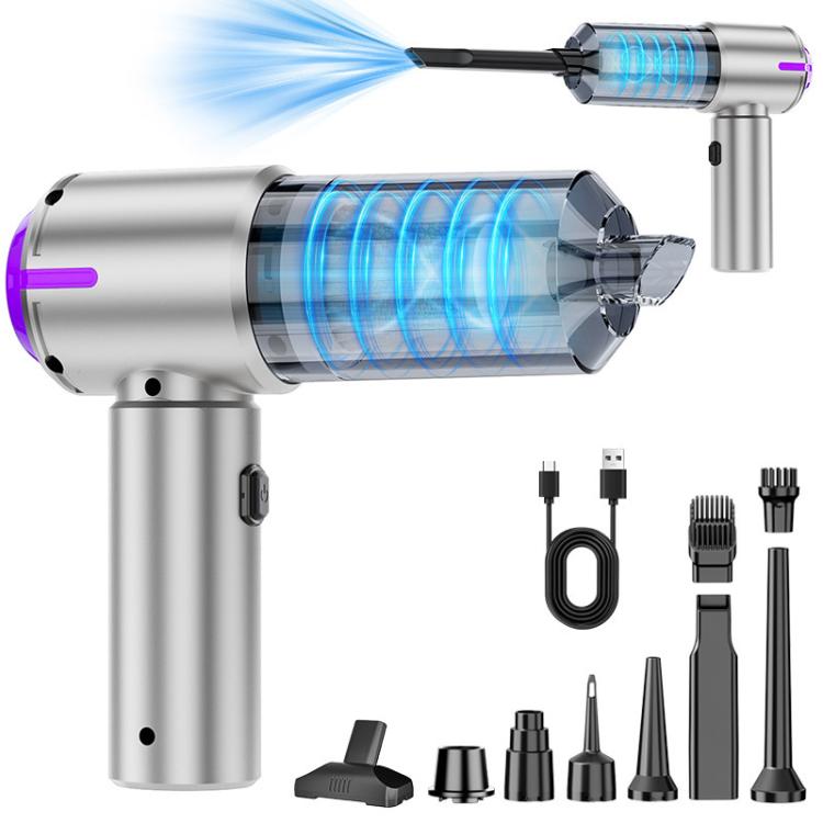 Portable handheld car vacuum cleaner, silver with purple accents; blue airflow detail