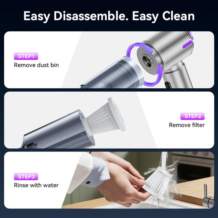 Portable handheld car vacuum cleaner showing removable dust bin and filter