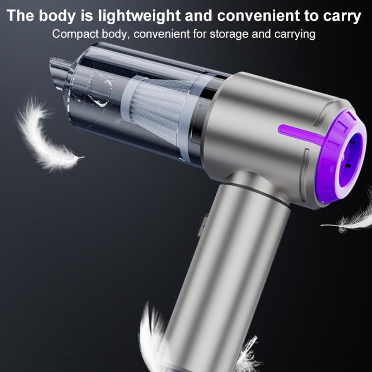 Portable handheld car vacuum cleaner, silver with purple accents; dust-suction airflow