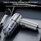 Portable handheld car vacuum cleaner with silver body and purple button accent