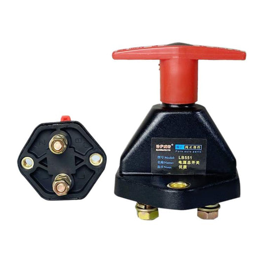 Mechanical battery disconnect switch with red pull knob and gold terminal screws