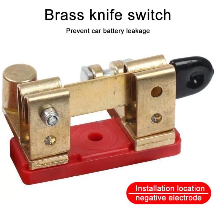 Brass negative battery disconnect knife switch with black handle and screw holes, red base