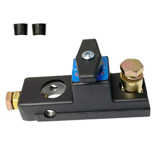 Car battery disconnect switch with black insulating base and metal terminals