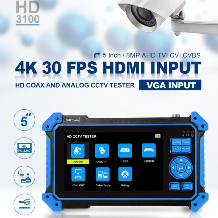 HD coaxial and analog CCTV tester with 5-inch touchscreen and control buttons